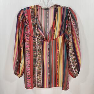Tucker 100% silk brightly colored striped & geometric v-neck blouse woman size L